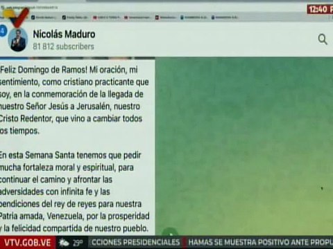 Pdte. Maduro envía un mensaje al pueblo venezolano para conmemorar el inicio de la Semana Mayor