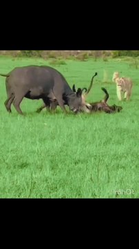 manada de leonas intenta cazar un bebé búfalo y todo da un giro inesperado cuando aparece su madre