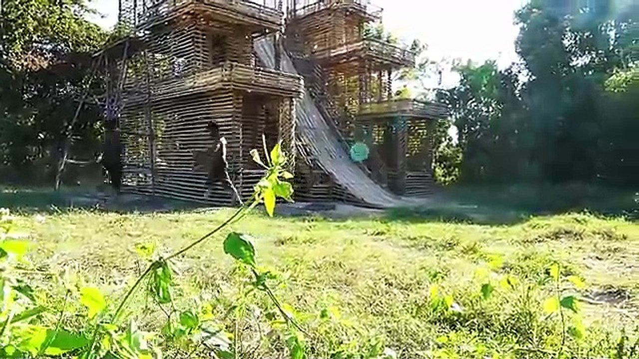 Build Creative The Relax Water Slide Park To Swimming Pool With 4-Story Villa House