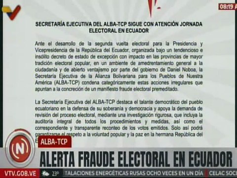 Comunicado | Secretaría Ejecutiva del ALBA-TCP condena fraude electoral en Ecuador