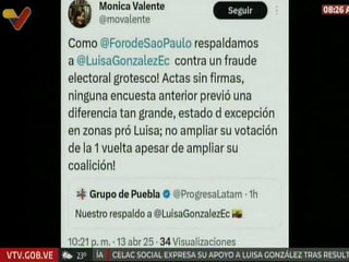 Sec. Ejecutiva del Foro de Sao Paulo Mónica Valente se pronuncia ante fraude electoral en Ecuador