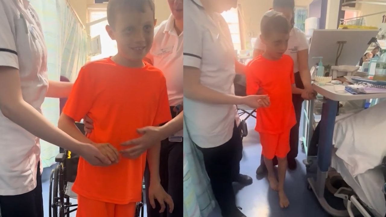 Boy takes first steps following brain surgery