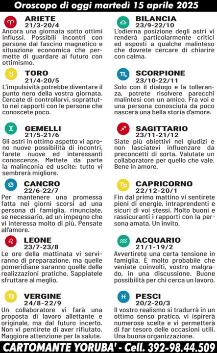 Oroscopo di oggi martedì 15 aprile 2025 - Il Cartomante Yorubà