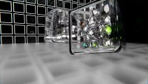 Glass cubes inside glass cubes dropped onto a floor in Blender 3D