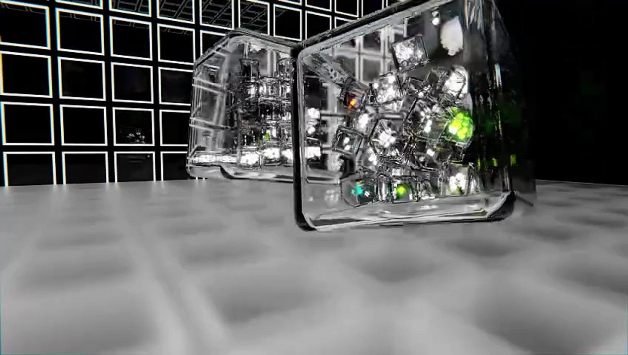 Glass cubes inside glass cubes dropped onto a floor in Blender 3D