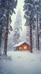 Warm Cabin Retreat in the Heart of a Snowy Forest.