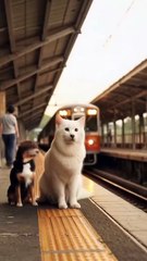 🚆🐾 **"A cat and a dog stand together on a quiet train platform, waiting for their journey to begin.