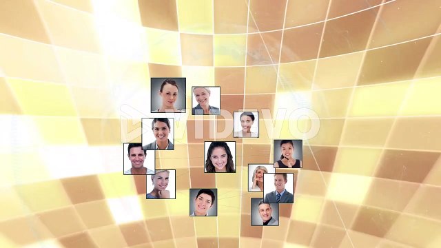 Animation of globe with networks of connections and photos of business people