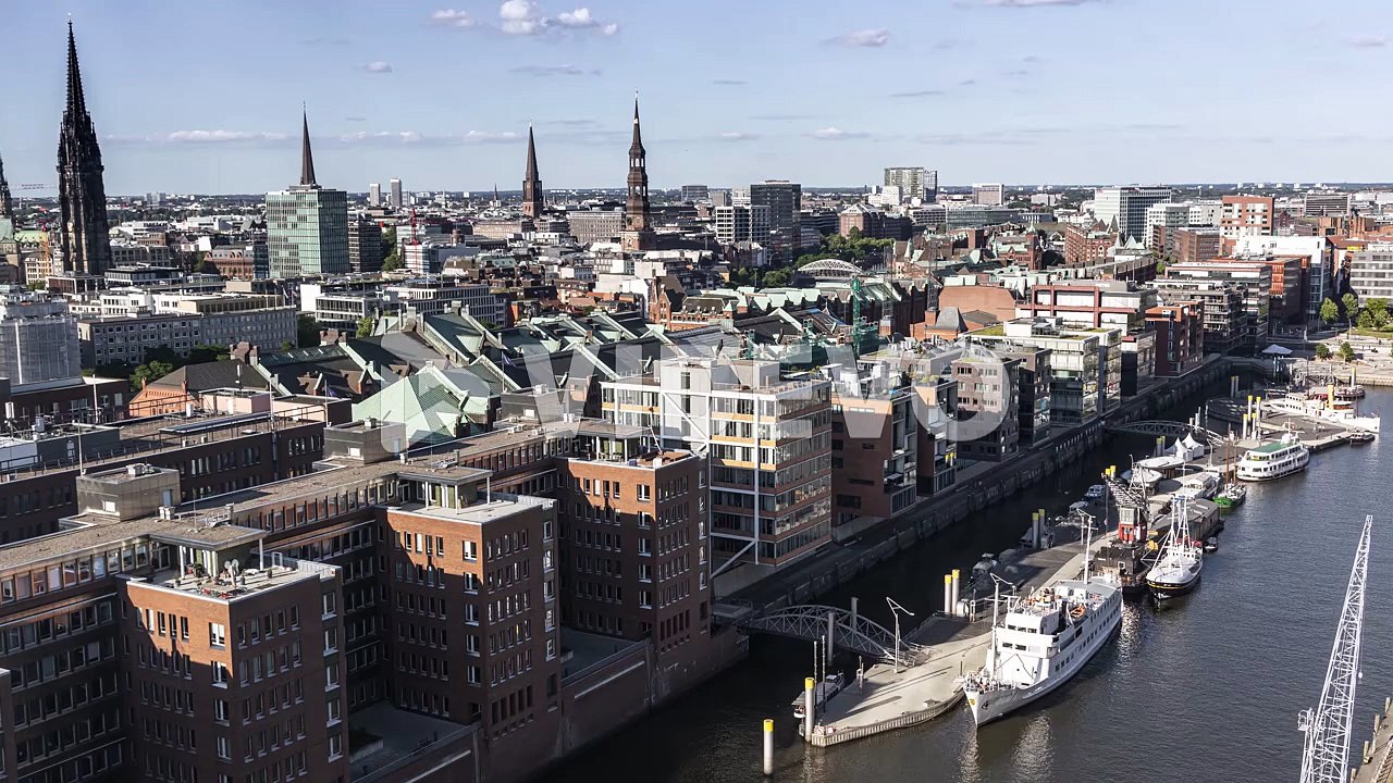 Timelapse from the Elbphilharmony in Hamburg with a clear view on the hamburger hafen city in Germany