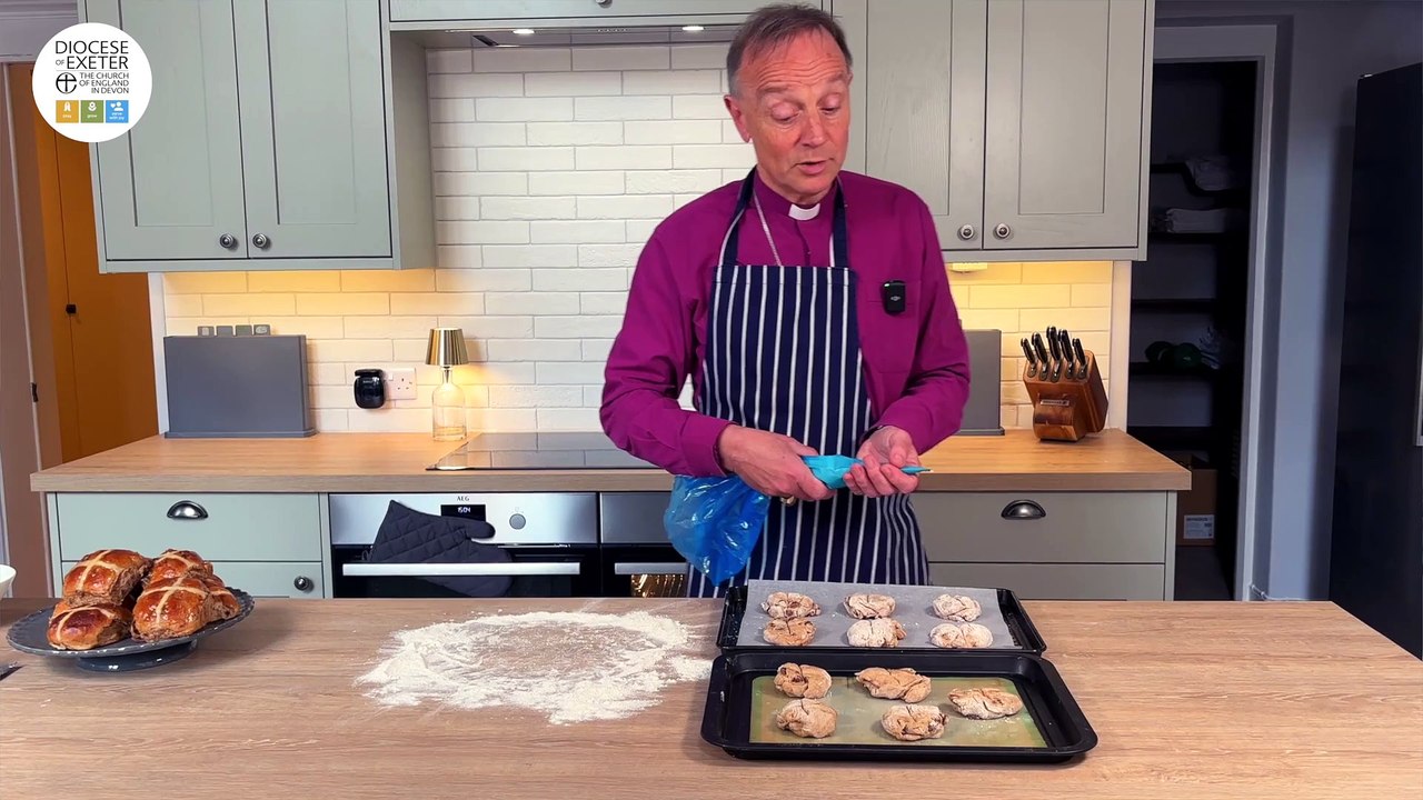 Bishop Mike, the Bishop of Exeter, bakes hot cross buns, video Exeter Diocese, Alan Quick