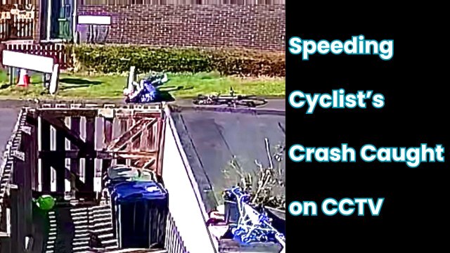 Cyclist loses control and crashes after speeding around corner