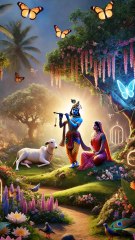 Radha Krishna ❤️ at natural park with cow, flowers, and birds.
