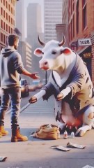 A cow is collecting money for its owner.