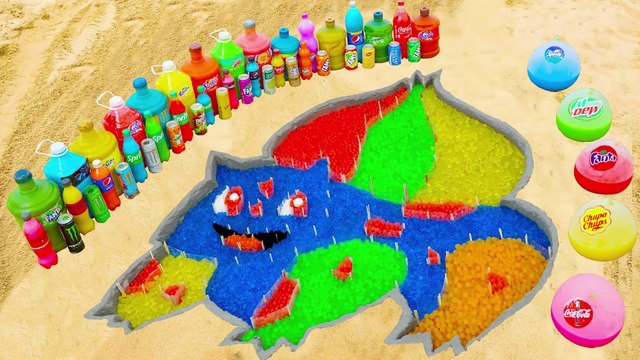 How to make Rainbow Bulbasaur in Pokemon with Orbeez, Balloons of Fanta, Coca Cola, Mentos & Sodas