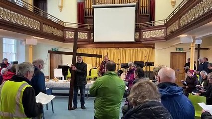 Singing inside Crediton Congregational Church during Good Friday Walk of Witness (Will Goddard, Crediton Courier)
