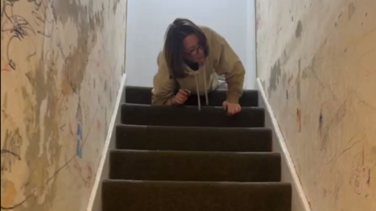 Drunk friend slides headfirst down the stairs while looking for her keys