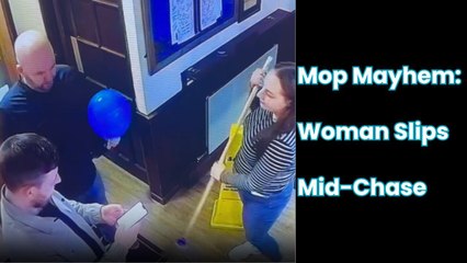 Woman storms after man with mop but falls through sneaky door
