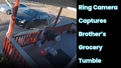 Man takes a fall on the front deck with groceries in hand as Ring camera records it all