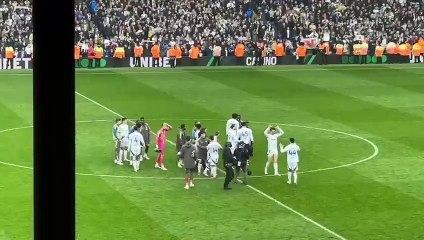 Leeds players dance on the pitch after promotion win