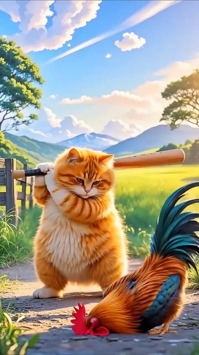 Cartoon Cat and chaken