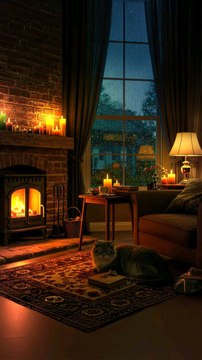 Cozy Rainy Night Retreat with Cat, Warm Fireplace, Candlelit Ambiance, and Rustic Living Room Vibes for Ultimate Relaxation.#reel#reelinstagram#reelfacebook#fyp#foryou