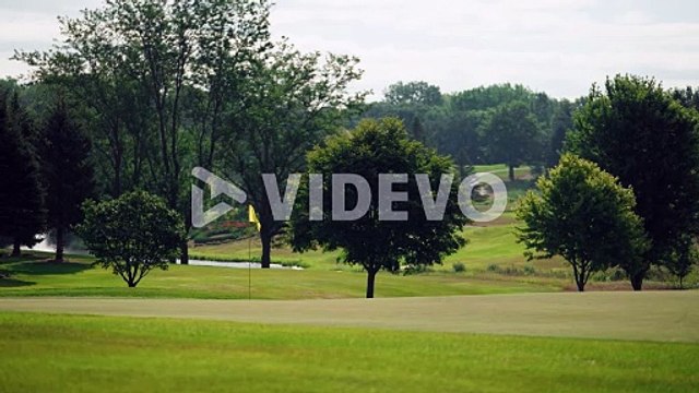 Yellow golf flag waving in the wind on a golf course surrounded by trees