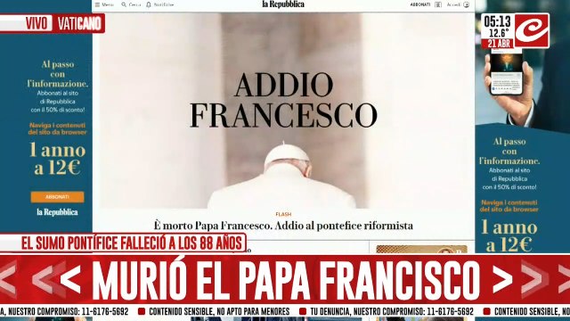 Murió el Papa Francisco: así lo comunicaban los principales medios de Italia