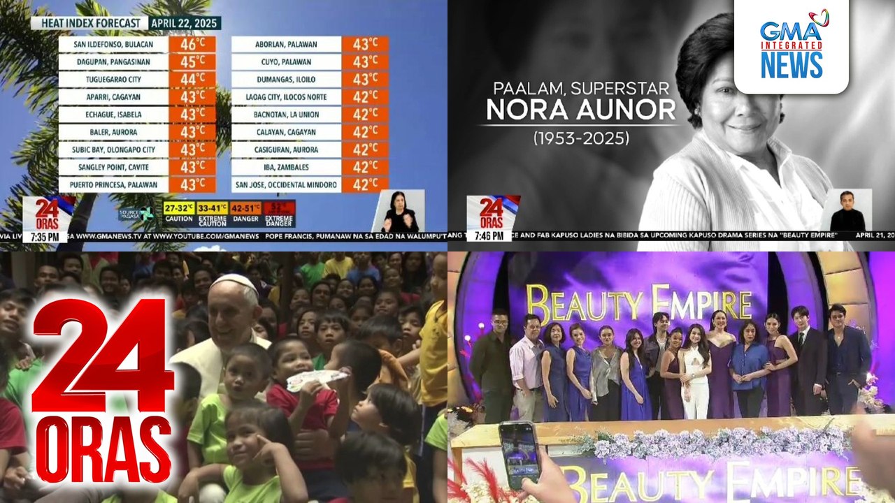 24 Oras: (Part 3) PBBM, kabilang sa mga personalidad na nakiramay sa huling gabi ng burol ni Nora Aunor; kampana ng Manila Cathedral, pinatunog bilang pag-alala sa papacy ni Pope Francis; Gloria Diaz, Ruffa Gutierrez, Barbie Forteza at..., atbp.