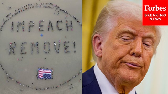 Anti-Trump Protesters In San Francisco Form A Human Banner Calling For Trump To Be Impeached
