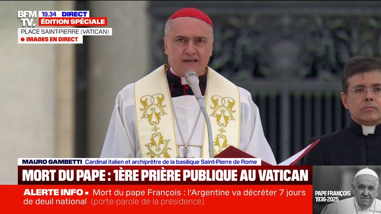 Mort du pape François: "Nous savons que la mort n'est pas une porte qui se ferme", affirme l'archiprêtre de la basilique Saint-Pierre de Rome dans une prière publique au Vatican