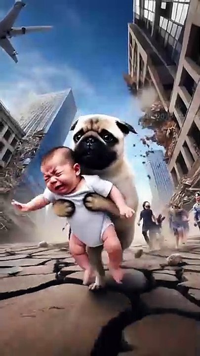 Lovely baby met an earthquake，poor pug rescued him