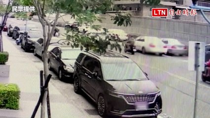 BMW停路邊車格保險桿被撞垂地如「落下頦」 警揪出肇事逃逸者（民眾提供）