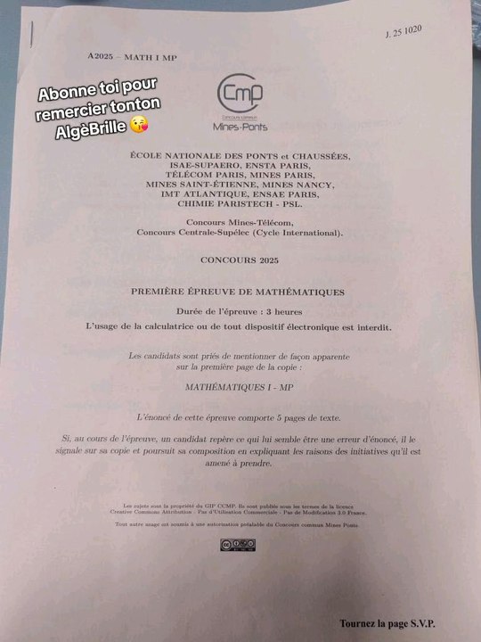 Sujet Mines filière MP 2025Sujet tombé le 22/04/25#prepa #mp #mines #concours