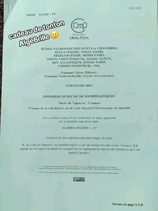 Sujet Mines filière PC 2025Sujet Maths 1 tombé le 22/04/25#prepa #pc #mines #concours #pcsi #concoursprepa