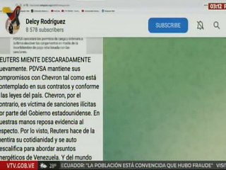 Vpdta. Rodríguez: Reuters miente descaradamente y asegura que PDVSA continúa acuerdos con Chevron