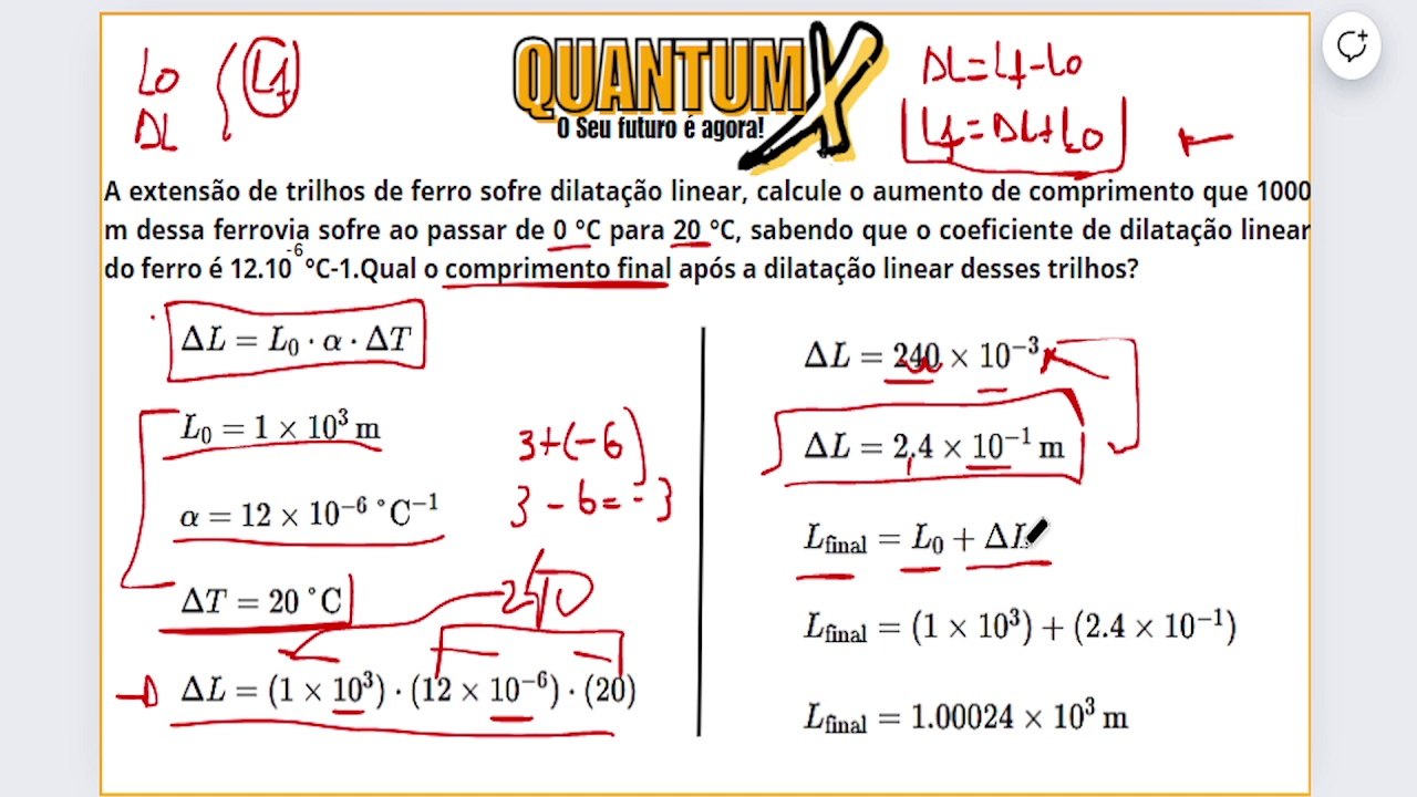 A extensão de trilhos de ferro sofre dilatação linear, calcule o aumento de comprimento que 1000 m dessa ferrovia sofre ao passar de 0 °C para 20 °C, sabendo que o coeficiente de dilatação linear do ferro é 12.10-6 °C-1.