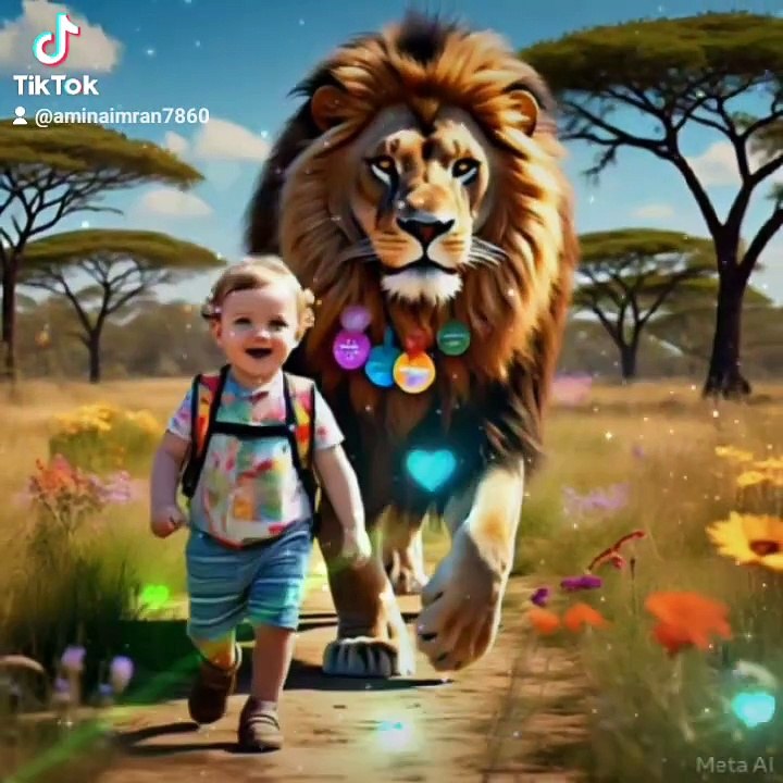 Baby with lion friend