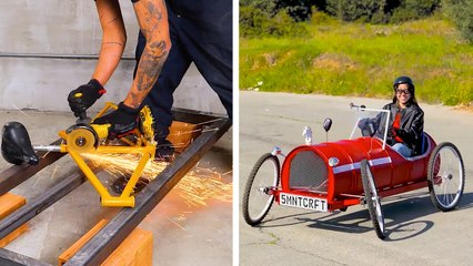 Bike VS Car. Vintage Racing Car or Standing Bicycle? Crafts and hacks