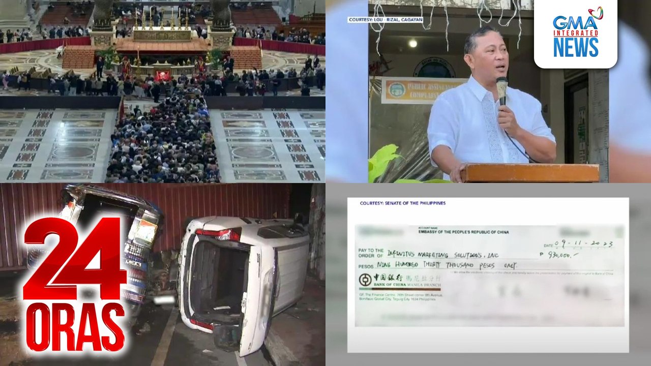24 Oras: (Part 1) Oras ng pagbisita sa mga labi ni Pope Francis sa St. Peter's Basilica, pinalawig; tinatayang 50,000 indibidwal, dumagsa; reelectionist Mayor ng Rizal, Cagayan, binaril sa kampanya; 3 patay at 10 sugatan matapos maatrasan ng..., atbp.