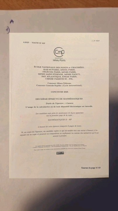 CorrectionSujet Mines filière MP MPI 2025 Partie 1Question 1 à 5 🍍