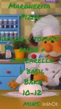 Margherita Pizza:Dough + tomato sauce + mozzarella + basil. Bake 10–12 mins.