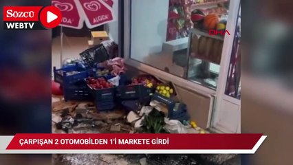 Çarpışan 2 otomobilden 1'i markete girdi