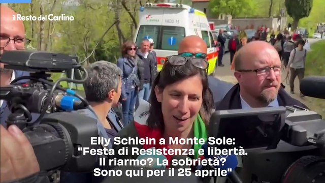 Elly Schlein a Monte Sole: Festa di Resistenza e libertà. Il riarmo? La sobrietà? Sono qui per il 25 aprile