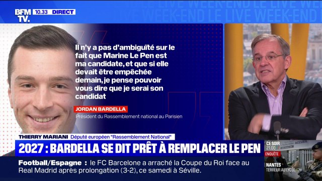 Présidentielle 2027: Jordan Bardella est le candidat naturel , explique Thierry Mariani (RN) en cas d'inéligibilité confirmée de Marine Le Pen