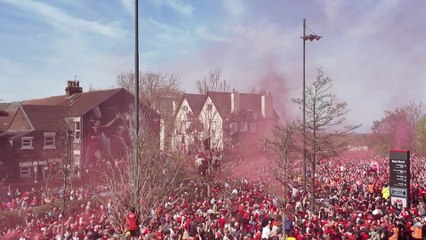 Liverpool fan celebrations outside Anfield ahead of team arrival