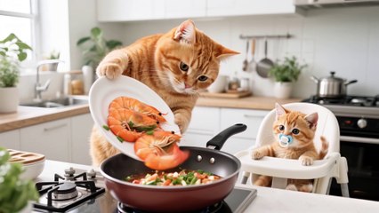 Mama Cat's Seaside Treasure: Cooking a Shrimp Feast for Her Kittens