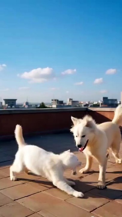 🐾 Playful Cat & Dog on Rooftop Fun! 🐶🐱 #funnycats #kitten #funnypets #cutecat #catplay #ytshorts