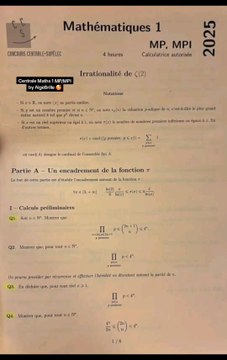 Sujet Centrale Maths 1 MP MPI 2025 🔥Sujet Maths 1 tombé le 28/04/25#prepa #mp #mpi #centrale #maths1 #concours #concoursprepa