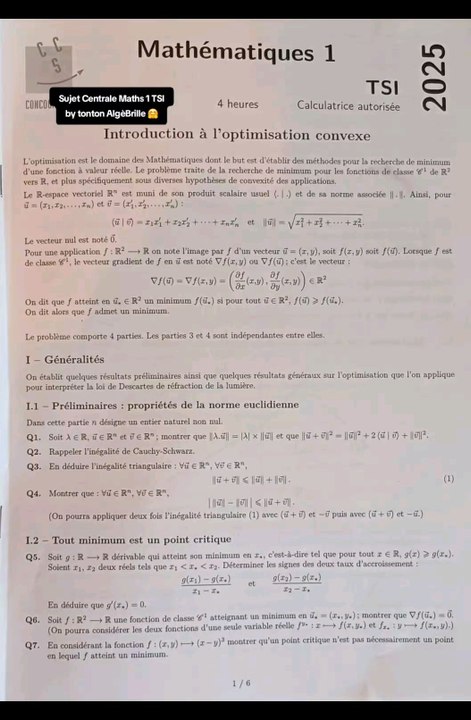 Sujet Centrale Maths 1 TSI 2025 🔥Sujet Maths 1 tombé le 28/04/25#prepa #ptsi  #tsi  #centrale #maths1 #concours #concoursprepa