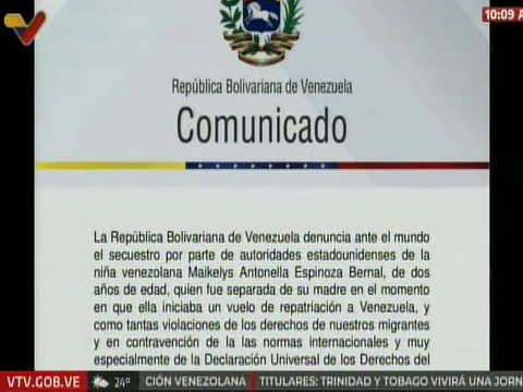 Comunicado | Venezuela denuncia secuestro de la niña Maikelys Espinoza por parte de EE.UU.